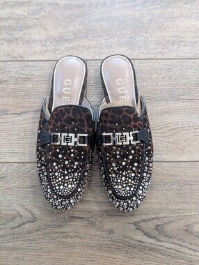 GUESS Leopard-Print Crystal Mule Loafers - Brown & Black
